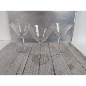 Vintage Etched Champagne Glasses Set 3 Fostoria Woodland Circa 1922 Tall Sherbet